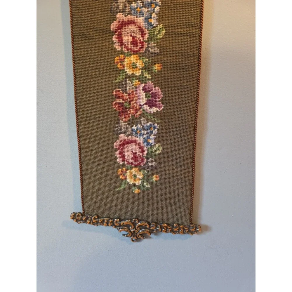 Vintage Embroidered Floral Tapestry Wall Decroative Hanging Brass Ends - 65